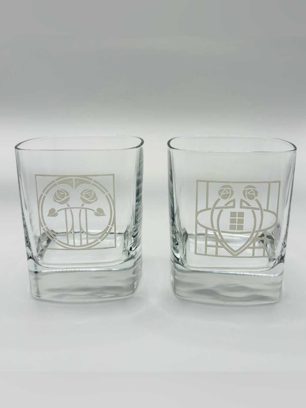 Pair of Charles Rennie Mackintosh Etched Crystal Whiskey Glasses – Mint Conditio